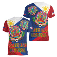 Philippines MassKara Women V-Neck T-Shirt Filipino Carnival Mask and Polynesian Pattern - Wonder Print Shop