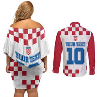 Custom Croatia Football 2024 Go Champion Couples Matching Off Shoulder Short Dress and Long Sleeve Button Shirt - Wonder Print Shop