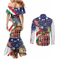 Italian American Heritage Month Couples Matching Mermaid Dress and Long Sleeve Button Shirt USA Eagle and The Colosseum with National Flag