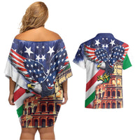 Italian American Heritage Month Couples Matching Off Shoulder Short Dress and Hawaiian Shirt USA Eagle and The Colosseum with National Flag - Wonder Print Shop