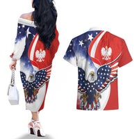 Polish American Heritage Month Couples Matching Off The Shoulder Long Sleeve Dress and Hawaiian Shirt USA Eagle and Poland Eagle with National Flag - Wonder Print Shop