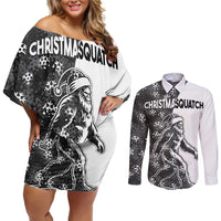 Funny Christmasquatch Camouflage of Snowflakes Couples Matching Off Shoulder Short Dress and Long Sleeve Button Shirt - Wonder Print Shop