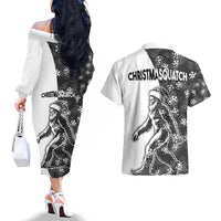 Funny Christmasquatch Camouflage of Snowflakes Couples Matching Off The Shoulder Long Sleeve Dress and Hawaiian Shirt - Wonder Print Shop