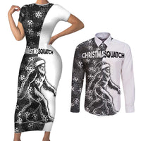 Funny Christmasquatch Camouflage of Snowflakes Couples Matching Short Sleeve Bodycon Dress and Long Sleeve Button Shirt - Wonder Print Shop