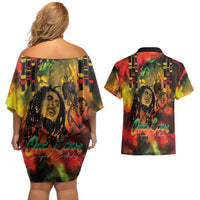 Jamaican Reggae Legend's Birthday Couples Matching Off Shoulder Short Dress and Hawaiian Shirt One Love Jamaica - Wonder Print Shop