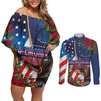 United States Memorial Day-Honor and Remember Couples Matching Off Shoulder Short Dress and Long Sleeve Button Shirt