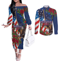 United States Memorial Day-Honor and Remember Couples Matching Off The Shoulder Long Sleeve Dress and Long Sleeve Button Shirt