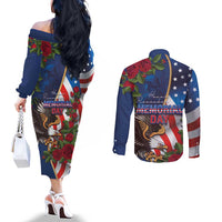 United States Memorial Day-Honor and Remember Couples Matching Off The Shoulder Long Sleeve Dress and Long Sleeve Button Shirt