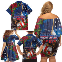 United States Memorial Day-Honor and Remember Family Matching Off Shoulder Short Dress and Hawaiian Shirt