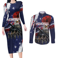 United States Memorial Day Couples Matching Long Sleeve Bodycon Dress and Long Sleeve Button Shirt Bald Eagle US Soldier-Honor and Remember The Fallen