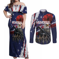 United States Memorial Day Couples Matching Off Shoulder Maxi Dress and Long Sleeve Button Shirt Bald Eagle US Soldier-Honor and Remember The Fallen