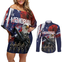 United States Memorial Day Couples Matching Off Shoulder Short Dress and Long Sleeve Button Shirt Bald Eagle US Soldier-Honor and Remember The Fallen