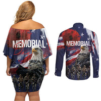 United States Memorial Day Couples Matching Off Shoulder Short Dress and Long Sleeve Button Shirt Bald Eagle US Soldier-Honor and Remember The Fallen