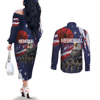 United States Memorial Day Couples Matching Off The Shoulder Long Sleeve Dress and Long Sleeve Button Shirt Bald Eagle US Soldier-Honor and Remember The Fallen