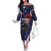 United States Memorial Day Family Matching Off The Shoulder Long Sleeve Dress and Hawaiian Shirt Bald Eagle US Soldier-Honor and Remember The Fallen