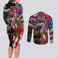 Hawaii and United States Memorial Day Couples Matching Long Sleeve Bodycon Dress and Long Sleeve Button Shirt Honor and Remember The Fallen