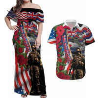 Hawaii and United States Memorial Day Couples Matching Off Shoulder Maxi Dress and Hawaiian Shirt Honor and Remember The Fallen