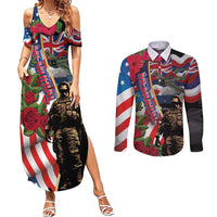 Hawaii and United States Memorial Day Couples Matching Summer Maxi Dress and Long Sleeve Button Shirt Honor and Remember The Fallen