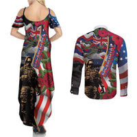 Hawaii and United States Memorial Day Couples Matching Summer Maxi Dress and Long Sleeve Button Shirt Honor and Remember The Fallen