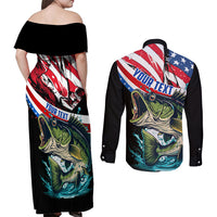Personalized Bass Fishing Couples Matching Off Shoulder Maxi Dress and Long Sleeve Button Shirt With American Flag - Wonder Print Shop