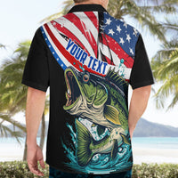 Black short-sleeve Hawaiian shirt, American flag back print with bass fishing graphic