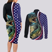 Bass Fishing Couples Matching Long Sleeve Bodycon Dress and Long Sleeve Button Shirt Double Largemouth Bass Old Style - Wonder Print Shop