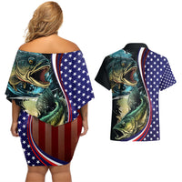 Bass Fishing Couples Matching Off Shoulder Short Dress and Hawaiian Shirt Double Largemouth Bass Old Style - Wonder Print Shop