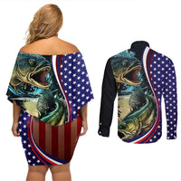 Bass Fishing Couples Matching Off Shoulder Short Dress and Long Sleeve Button Shirt Double Largemouth Bass Old Style - Wonder Print Shop