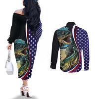 Bass Fishing Couples Matching Off The Shoulder Long Sleeve Dress and Long Sleeve Button Shirt Double Largemouth Bass Old Style