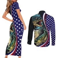 Bass Fishing Couples Matching Short Sleeve Bodycon Dress and Long Sleeve Button Shirt Double Largemouth Bass Old Style - Wonder Print Shop
