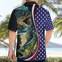 Black Hawaiian shirt back view with bass artwork and stars-and-stripes panel
