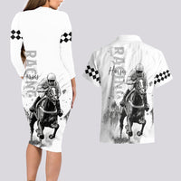 Kentucky Horses Racing Couples Matching Long Sleeve Bodycon Dress and Hawaiian Shirt Jockey Drawing Style - Wonder Print Shop