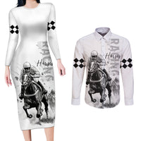 Kentucky Horses Racing Couples Matching Long Sleeve Bodycon Dress and Long Sleeve Button Shirt Jockey Drawing Style - Wonder Print Shop