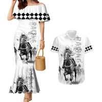 Kentucky Horses Racing Couples Matching Mermaid Dress and Hawaiian Shirt Jockey Drawing Style - Wonder Print Shop