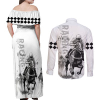 Kentucky Horses Racing Couples Matching Off Shoulder Maxi Dress and Long Sleeve Button Shirt Jockey Drawing Style - Wonder Print Shop