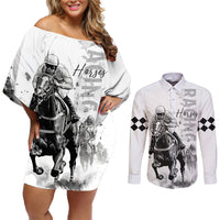 Kentucky Horses Racing Couples Matching Off Shoulder Short Dress and Long Sleeve Button Shirt Jockey Drawing Style - Wonder Print Shop