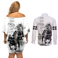 Kentucky Horses Racing Couples Matching Off Shoulder Short Dress and Long Sleeve Button Shirt Jockey Drawing Style - Wonder Print Shop