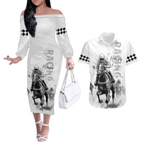 Kentucky Horses Racing Couples Matching Off The Shoulder Long Sleeve Dress and Hawaiian Shirt Jockey Drawing Style - Wonder Print Shop