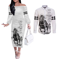 Kentucky Horses Racing Couples Matching Off The Shoulder Long Sleeve Dress and Long Sleeve Button Shirt Jockey Drawing Style