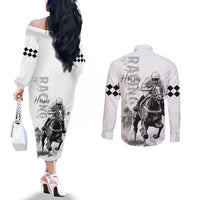 Kentucky Horses Racing Couples Matching Off The Shoulder Long Sleeve Dress and Long Sleeve Button Shirt Jockey Drawing Style