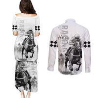 Kentucky Horses Racing Couples Matching Puletasi and Long Sleeve Button Shirt Jockey Drawing Style - Wonder Print Shop