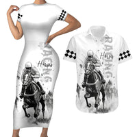 Kentucky Horses Racing Couples Matching Short Sleeve Bodycon Dress and Hawaiian Shirt Jockey Drawing Style - Wonder Print Shop