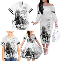 Kentucky Horses Racing Family Matching Off The Shoulder Long Sleeve Dress and Hawaiian Shirt Jockey Drawing Style - Wonder Print Shop