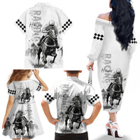 Kentucky Horses Racing Family Matching Off The Shoulder Long Sleeve Dress and Hawaiian Shirt Jockey Drawing Style - Wonder Print Shop