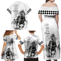 Kentucky Horses Racing Family Matching Off Shoulder Maxi Dress and Hawaiian Shirt Jockey Drawing Style - Wonder Print Shop