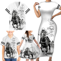 Kentucky Horses Racing Family Matching Short Sleeve Bodycon Dress and Hawaiian Shirt Jockey Drawing Style - Wonder Print Shop