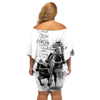Kentucky Horses Racing Off Shoulder Short Dress Jockey Drawing Style - Wonder Print Shop