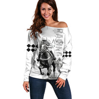 Kentucky Horses Racing Off Shoulder Sweater Jockey Drawing Style - Wonder Print Shop