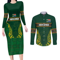 Custom South Africa Rugby Couples Matching Long Sleeve Bodycon Dress and Long Sleeve Button Shirt Springboks Spirit and King Protea