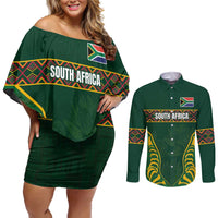 Custom South Africa Rugby Couples Matching Off Shoulder Short Dress and Long Sleeve Button Shirt Springboks Spirit and King Protea